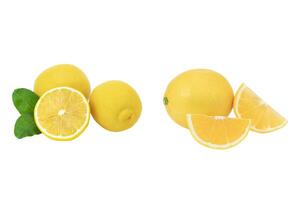 limão fruta com folha isolar. limão todo, metade, fatiar, folhas em branco. limão fatias com entusiasmo isolado. com recorte caminho. foto