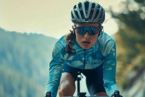 fêmea ciclista durante competitivo estrada bicicleta raça foto