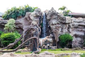 uma pequeno decorativo cascata dentro a jardim. panorama Projeto foto