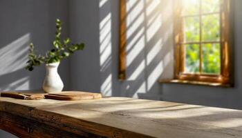 esvaziar mesa para produtos apresentação com sombras e luz a partir de a janela foto