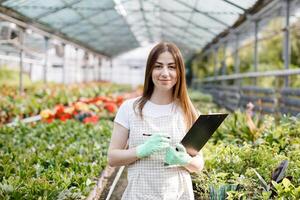 retrato do jardineiro mulher às trabalhos dentro estufa com caderno examina a crescendo flores dentro estufa. casa jardinagem, amor do plantas e Cuidado. pequeno negócios. foto