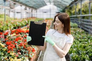 retrato do jardineiro mulher às trabalhos dentro estufa com caderno examina a crescendo flores dentro estufa. casa jardinagem, amor do plantas e Cuidado. pequeno negócios. foto