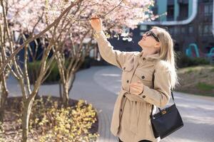 sakura galhos com flores em uma árvore em a cidade ruas. feliz mulher menina dentro uma cinzento paleta anda em ao longo a beco com florescendo sakura. linda chique menina ao ar livre. sakura árvore florescendo. foto