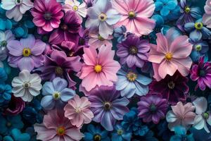 uma vibrante exibição do sortido colorida flores dentro cheio florescer, criando uma animado e alegre fundo foto