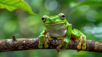 fechar-se do uma vívido verde árvore rã com abaulamento olhos empoleirado em uma ramo dentro Está natural habitat foto