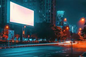 uma vibrante cidade rua às noite iluminado de luzes, apresentando uma em branco Painel publicitário pronto para publicidade foto
