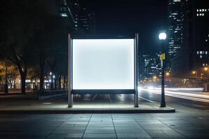 uma vibrante cidade rua às noite iluminado de luzes, apresentando uma em branco Painel publicitário pronto para publicidade foto