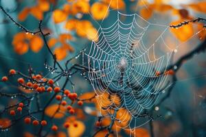 fechar-se do uma teia de aranha. a imagem captura detalhe do natureza durante a outono temporada. foto