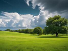 hipnotizante Visão do uma verde panorama com árvores debaixo uma lindo nublado céu foto