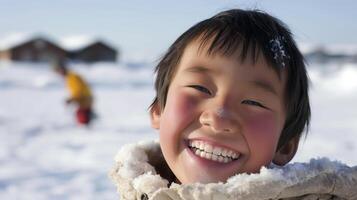 alegre inuit criança com coberto de neve Jaqueta sorridente brilhantemente dentro inverno panorama foto