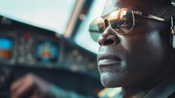 uma fechar acima do uma homem vestindo óculos e fones de ouvido enquanto dirigindo a avião foto