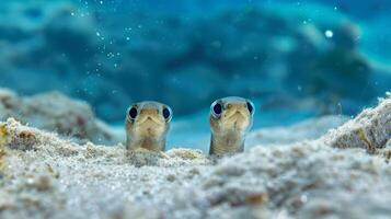 dois peixe espreitar Fora a partir de areia embaixo da agua dentro oceano foto