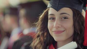 mulher sorridente dentro graduação boné vestido, segurando diploma foto