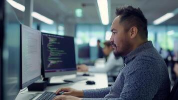 focado ásia homem trabalhando às uma computador foto