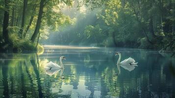 dois cisnes graciosamente deslizar em uma tranquilo lago entre exuberante árvores foto