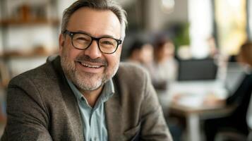 amigáveis meia idade homem dentro casual o negócio vestuário sorridente dentro uma moderno escritório contexto, enfatizando liderança, trabalho em equipe, e profissionalismo foto