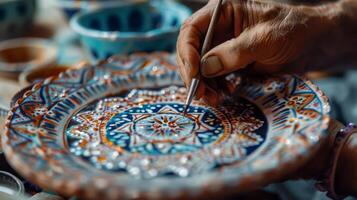 artista criando elétrico azul padronizar em porcelana prato foto