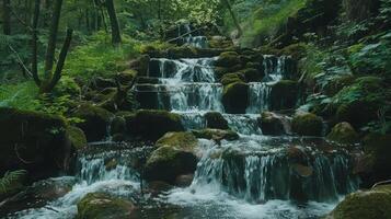 uma tranquilo cascata dentro uma exuberante floresta, fluindo entre pedras e árvores foto