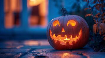 jackolantern abóbora brilhando em casa calçada, criativo dia das Bruxas decoração foto