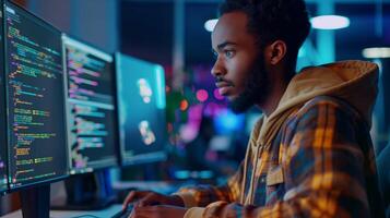 uma homem é dentro frente do uma computador monitor, desfrutando música artista entretenimento foto