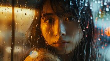 uma mulher é olhando Fora do uma janela com chuva gotas em isto foto