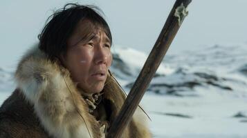 inuit homem dentro tradicional inverno roupas, Caçando dentro ártico tundra paisagem, cultural herança foto