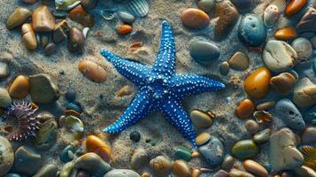 azul estrelas do mar empoleirado em pedras dentro marinho meio Ambiente foto