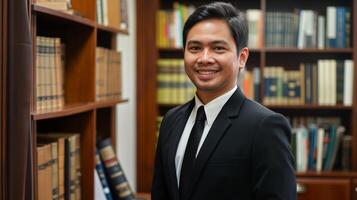 profissional retrato do uma jovem homem de negocios dentro uma terno, sorridente dentro uma lei biblioteca com estantes, diverso trabalhadores conceito, corporativo perfil usar foto