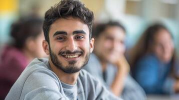 feliz jovem homem com uma barba sorridente para a Câmera dentro uma Sala de aula foto