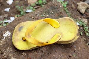 imagem do amarelo sandálias em a terra foto