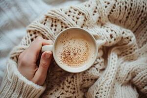 uma caloroso inverno manhã.segurando uma copo do café em topo do uma cobertor foto