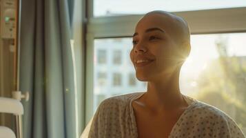 jovem misturado raça mulher com raspada cabeça sorridente dentro iluminado pelo sol hospital quarto - expressão do força e esperança foto