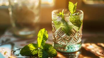 uma vidro do com infusão de hortelã água em uma mesa com terrestre plantar folhas foto