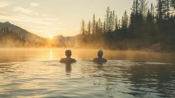 dois nadadores apreciar a lagos natural beleza debaixo a pôr do sol céu foto