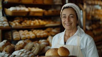 tradicional italiano padaria, italiano mulher dentro dela decada de 50 segurando fresco pão, sorridente padeiro, pequeno negócios, europeu cultura foto