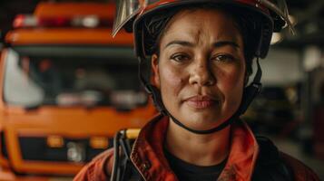 feliz mulher dentro uma capacete sorrisos dentro frente do uma fogo caminhão foto