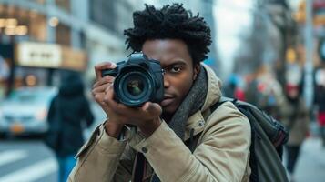 homem capturando cidade rua cena com digital Câmera foto
