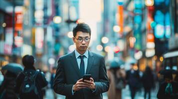 uma homem dentro uma terno e gravata Verificações dele célula telefone em a cidade rua foto