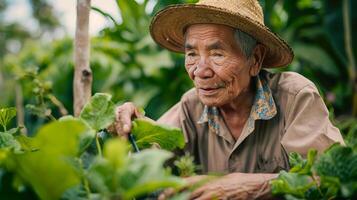 idosos ásia agricultor cuidando para verde legumes dentro ao ar livre jardim para agricultura, saúde, e sustentabilidade temas foto