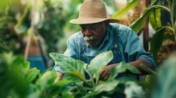 homem dentro uma Sol chapéu e macacão tende para terrestre plantas dentro jardim foto