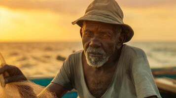 idosos homem dentro Sol chapéu senta dentro barco às pôr do sol, feliz entre nuvens em de praia foto