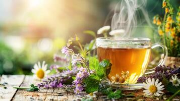 chá infundido com flor pétalas, servido dentro uma talheres, colocada em uma de madeira mesa foto