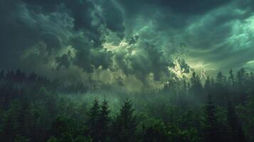 nublado céu elencos sombras sobre uma Sombrio floresta, criando a estranho atmosfera foto