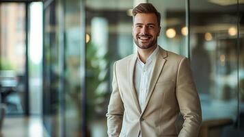 profissional homem de negocios dentro moderno escritório, corporativo ambiente, o negócio traje, confiante expressão para local de trabalho ou corporativo meios de comunicação usar foto