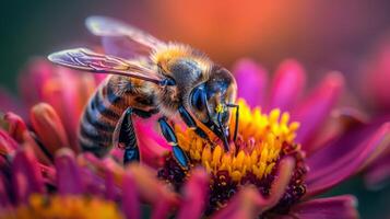 fechar acima do uma abelha polinizando uma Rosa flor, desfrutando uma magenta pétala show foto