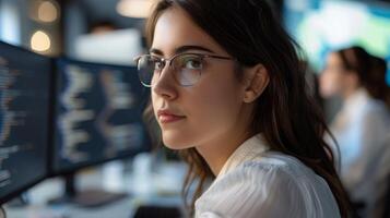 jovem profissional mulher trabalhando às uma computador foto