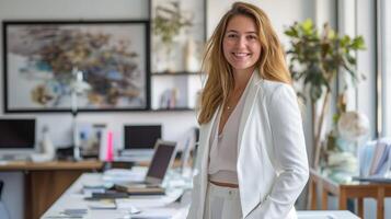 confiante jovem profissional mulher dentro moderno escritório ambiente, o negócio traje, conceito do sucesso e empreendedorismo foto
