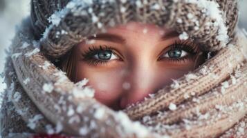 uma mulher com uma chapéu e cachecol tem dela face coberto dentro neve foto