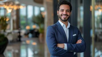 confiante meio Oriental homem de negocios dentro moderno escritório, profissional contexto, braços cruzado, sorridente, corporativo meio Ambiente foto