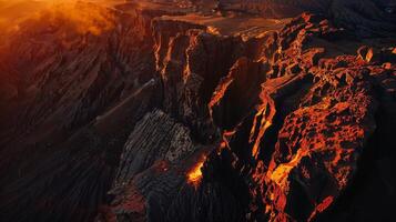 a aéreo Visão do uma vulcão com lava chegando Fora do isto foto
